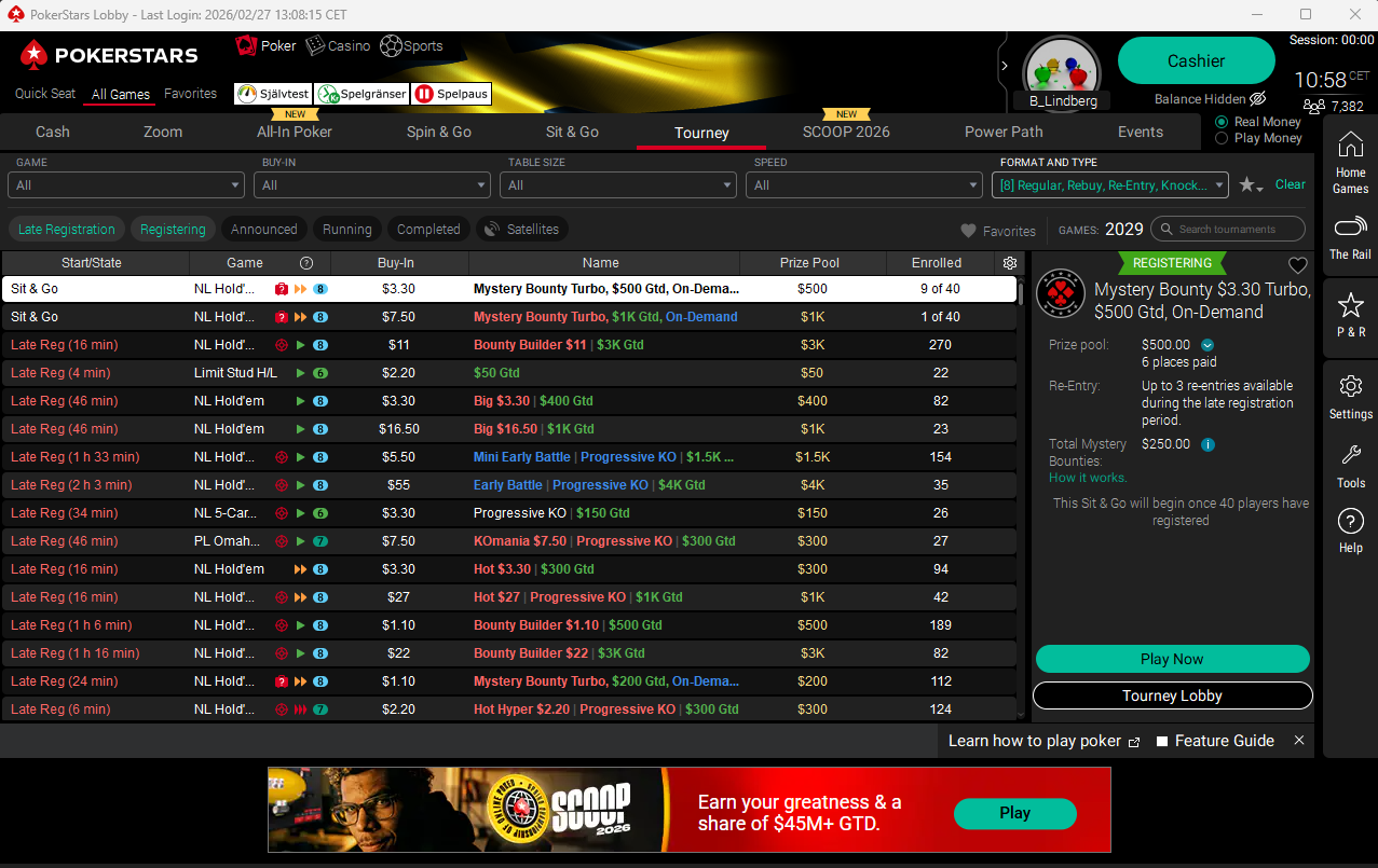 PokerStars Tournament Lobby